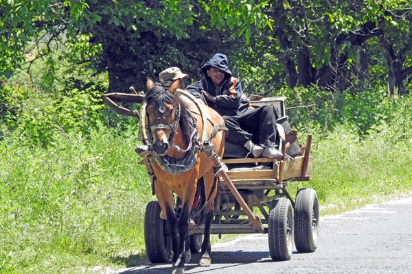 Paard en wagen op de snelweg bij Asenovgrad