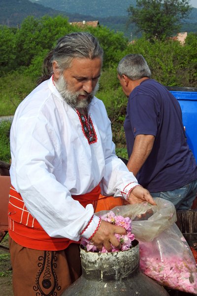 Een man vult een ketel met rozenblaadjes in Kanchevo