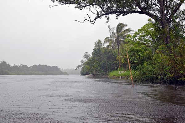 In de regen op de Maratakka rivier (Suriname)