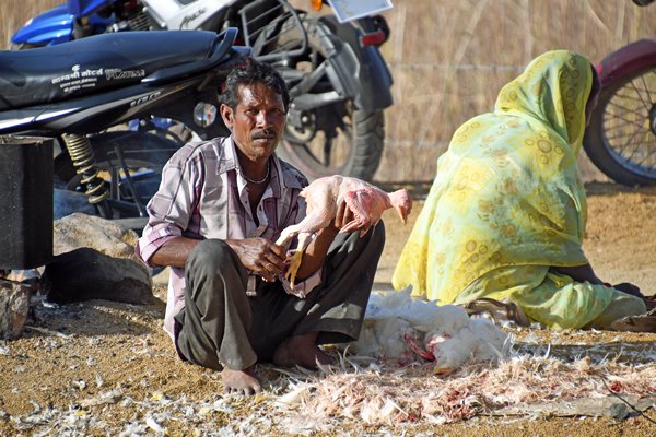 Kippenslachter op een groentemarkt in Madhya Pradesh (India)