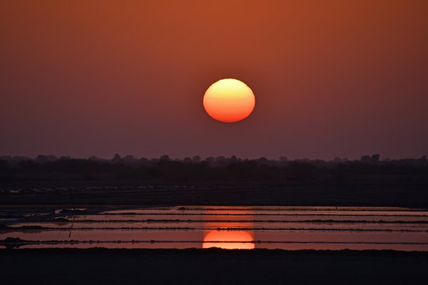 Zonsopkomst bij de zoutpannen in Little rann of Kutch (Gujarat, India)