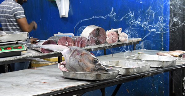 Rookbescherming voor vis op de avondmarkt van Nuwara Eliya (Sri Lanka)