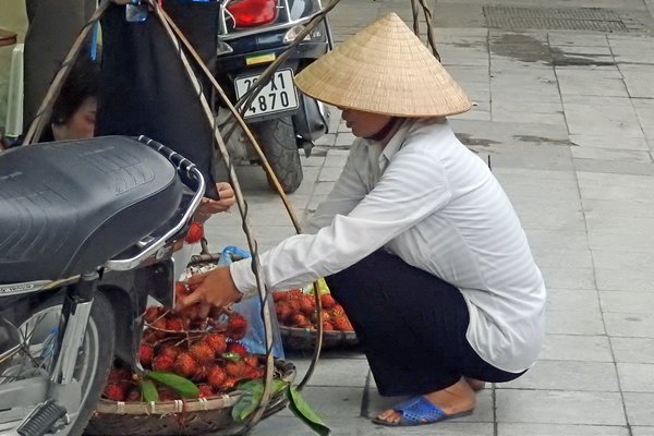 Verkoopster van ramboetans (soort lychee), Hanoi