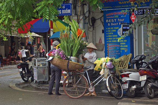Grote voorraad bloemen op een fiets, Hanoi