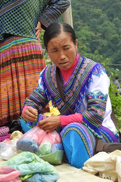 Verkoopster op de markt van Coc Ly, Vietnam