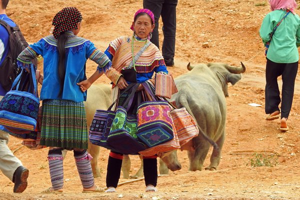 Tassenverkopers op de veemarkt van Coc Ly, Vietnam