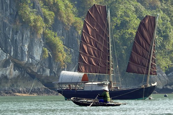 Een boot met prachtige bruine zeilen in Halong Bay, Vietnam