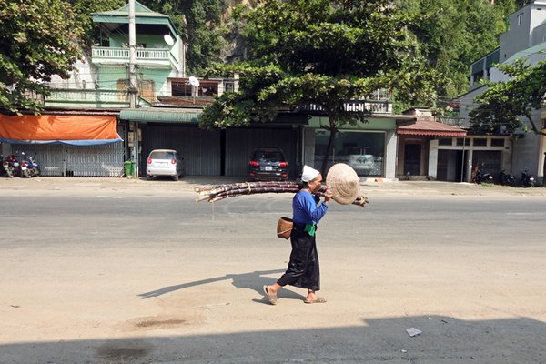 Vrouw met een bundeltje bamboestokken in Mường Khến, Vietnam