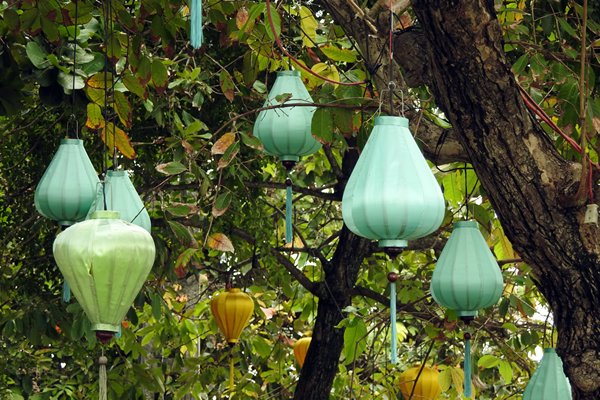 Lampionnen aan bomen in een winkelstraat, Hoi An (Vietnam)