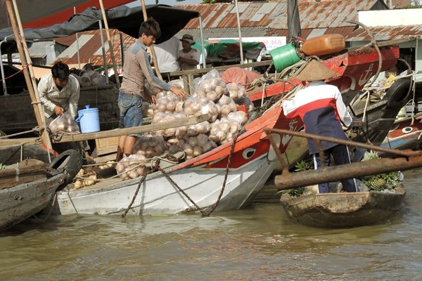 Knollen en ananassen op de drijvende markt van Can Tho, Vietnam