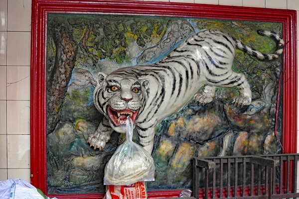 Muurdecoratie van een tijger in een tempel in Chau Doc, Vietnam
