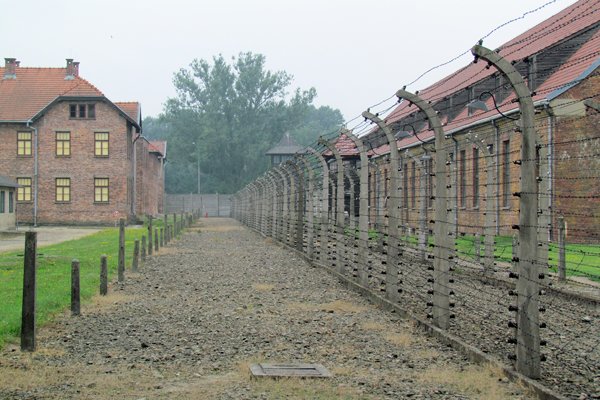 Rijen prikkeldraad onder stroom, Auschwitz Polen 2012