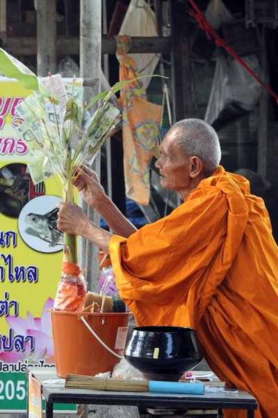 Monnik met geldboom in Sai Ngam, Thailand 2015