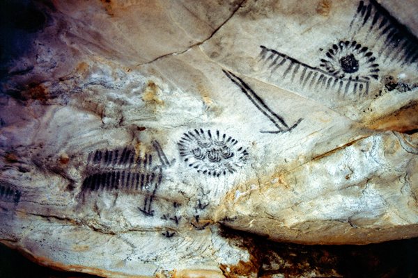 Aboriginal rotstekeningen in Yourambulla Caves, Australië 1998