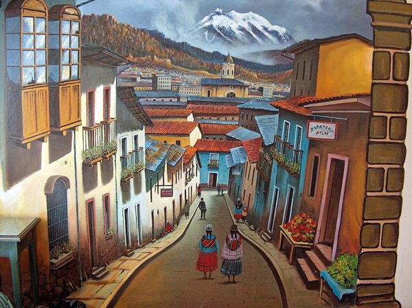 Wandschildering in hotelkamer La Paz, Bolivia 2007