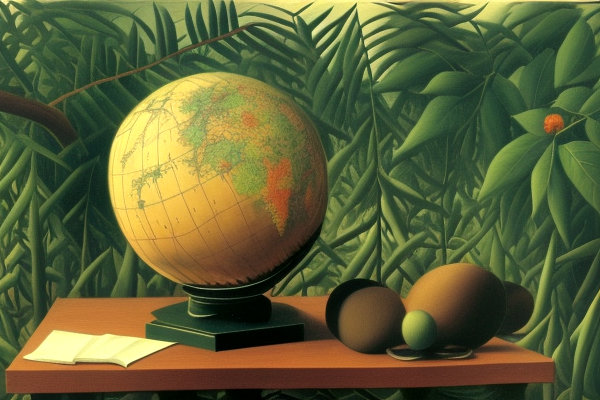 een afbeelding van een globe in een tuin