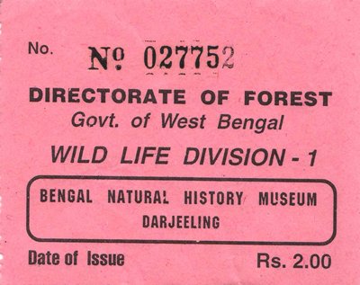 Toegangskaartje Bengal Natural History Museum in Darjeeling, India 1997