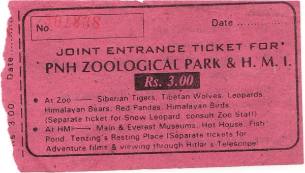Toegangskaartje PNH Zoological Park in Darjeeling, India 1997