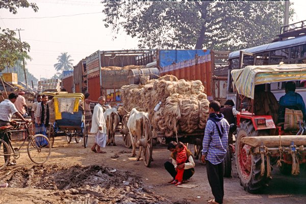 Een file in het Indiase Dalkhola met allerlei sooren bewegend materieel